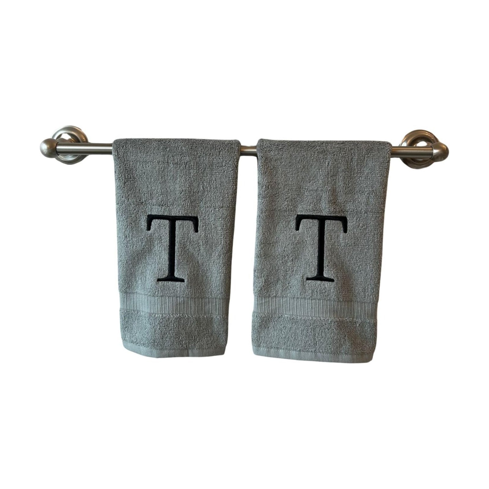 Gray with Black Monogrammed Hand Towels for Bathroom - Set of 2 Letter T | Luxury Hotel Quality Initial Towels For