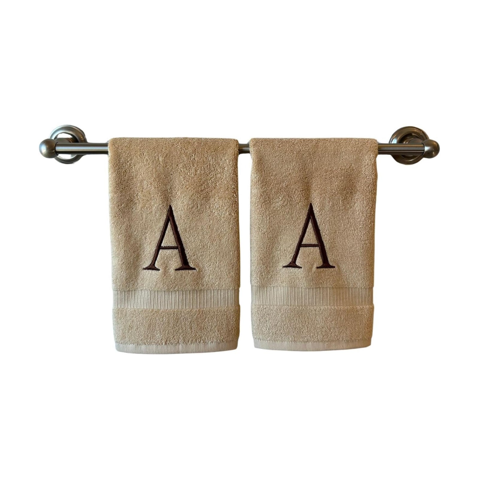 Beige with Brown Monogrammed Hand Towels for Bathroom - Set of 2 Letter A | Luxury Hotel Quality Initial Towels For