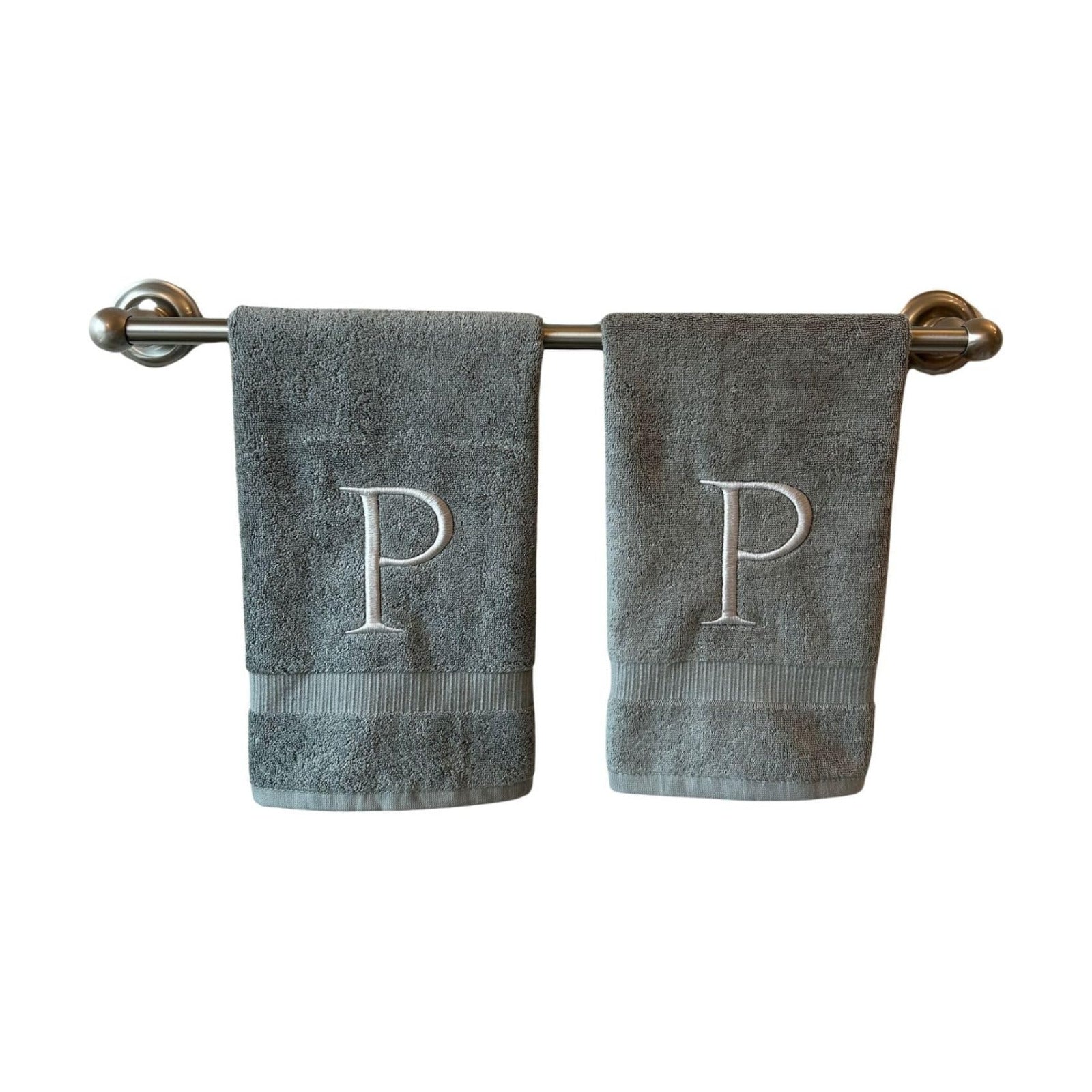 Gray with Silver Monogrammed Hand Towels for Bathroom - Set of 2 Letter P | Luxury Hotel Quality Initial Towels For
