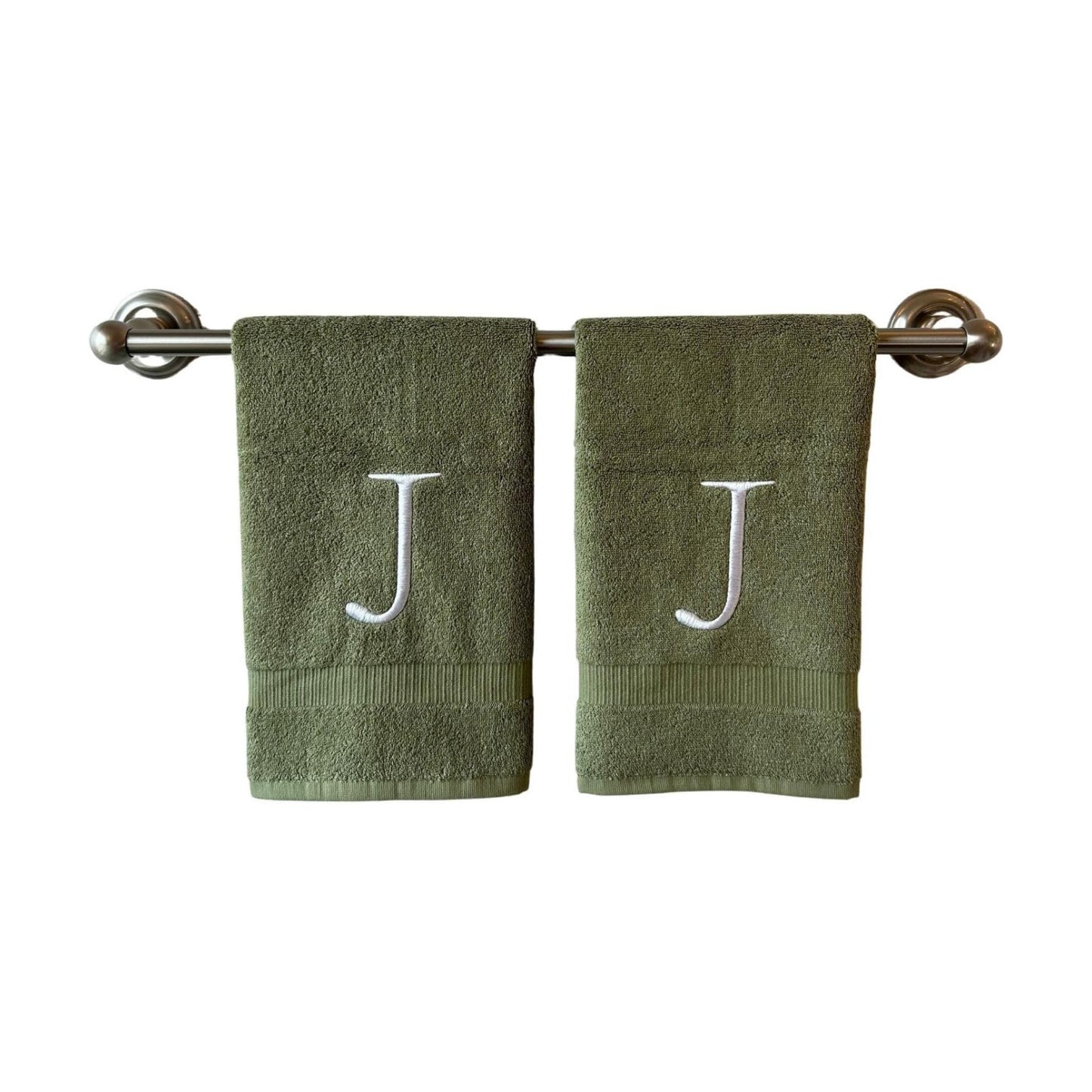 Sage with White Monogrammed Hand Towels for Bathroom - Set of 2 Letter J | Luxury Hotel Quality Initial Towels For