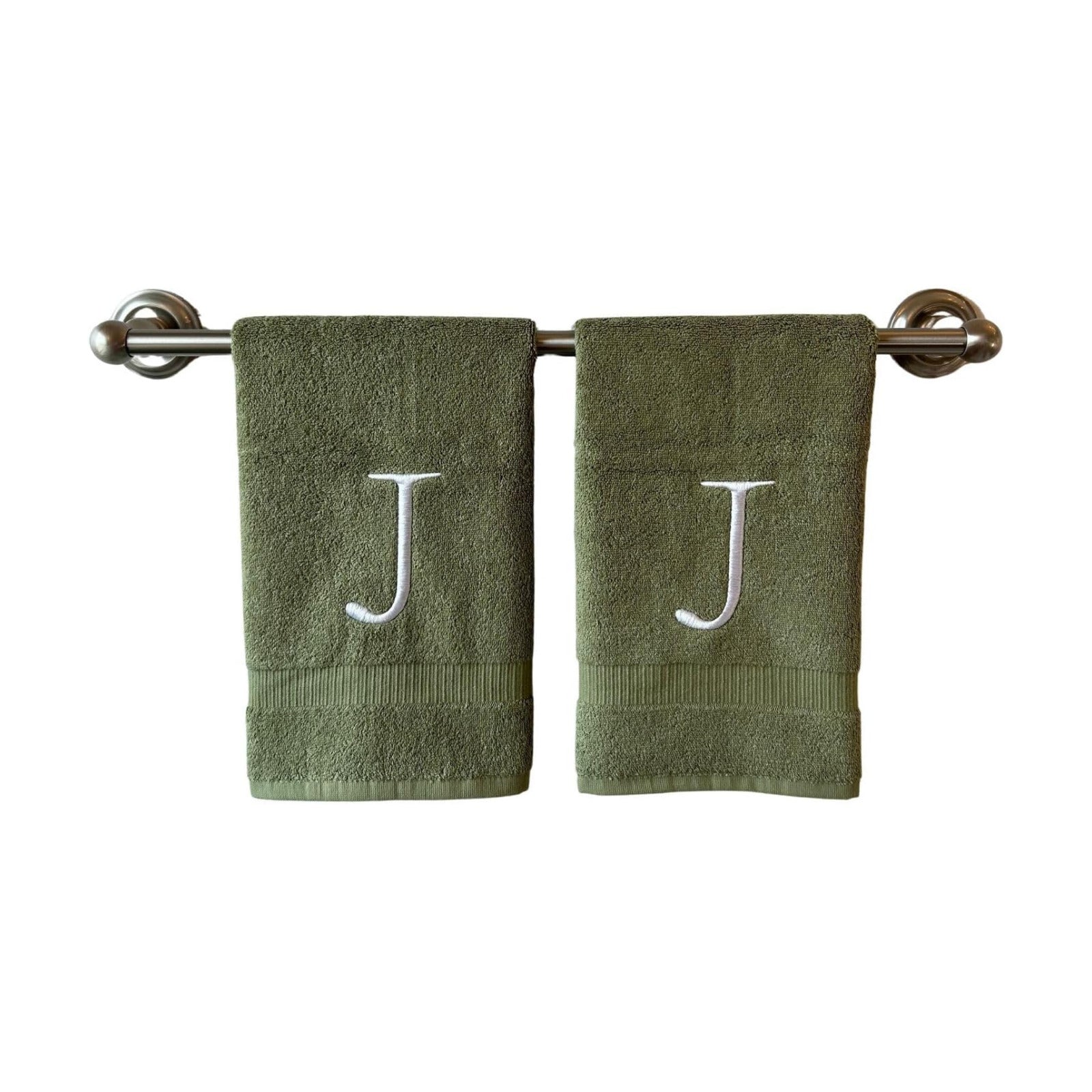 Sage with White Monogrammed Hand Towels for Bathroom - Set of 2 Letter J | Luxury Hotel Quality Initial Towels For