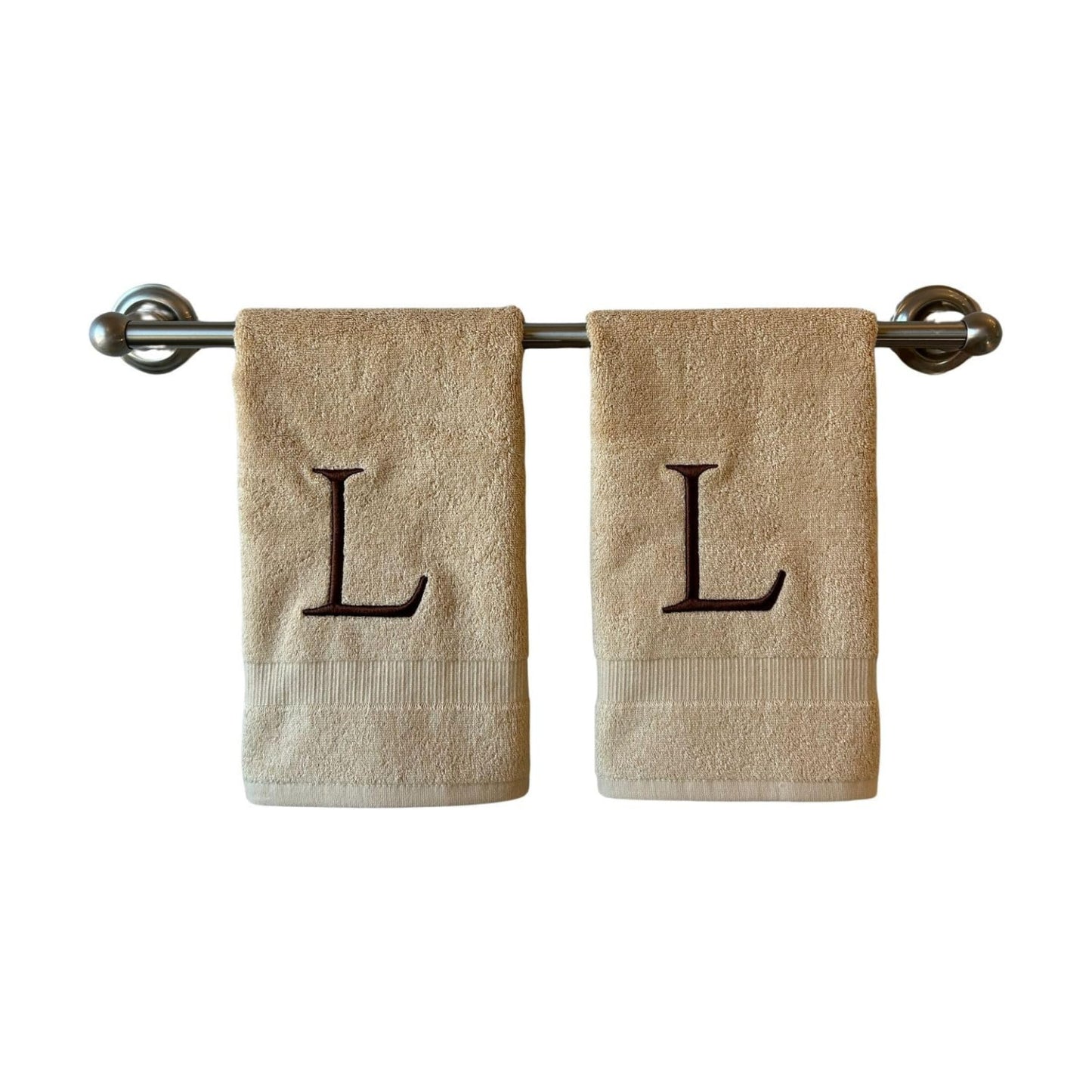 Beige with Brown Monogrammed Hand Towels for Bathroom - Set of 2 Letter L | Luxury Hotel Quality Initial Towels For