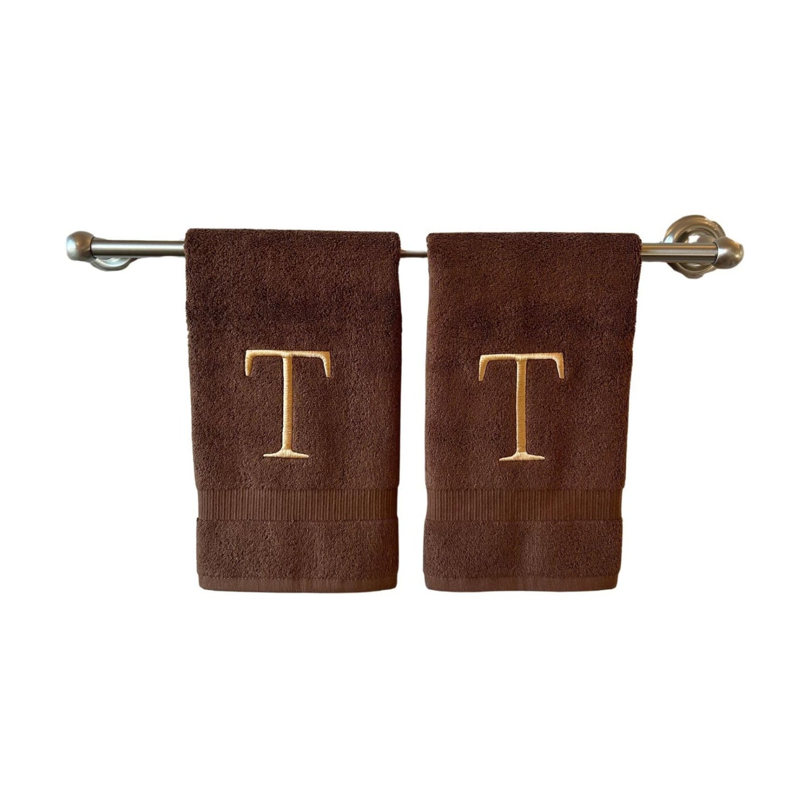 Brown with Beige Monogrammed Hand Towels for Bathroom - Set of 2 Letter T | Luxury Hotel Quality Initial Towels For