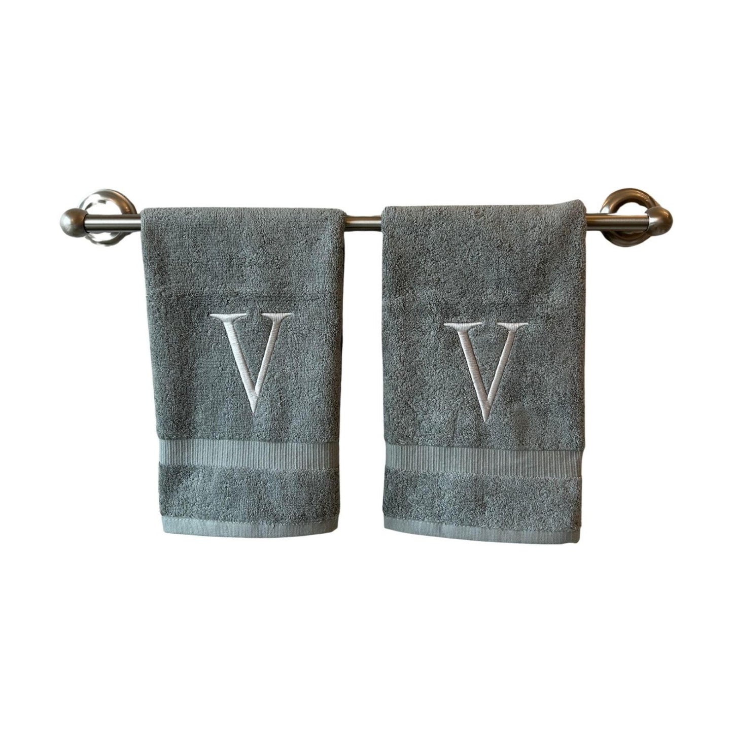 Gray with Silver Monogrammed Hand Towels for Bathroom - Set of 2 Letter V | Luxury Hotel Quality Initial Towels For