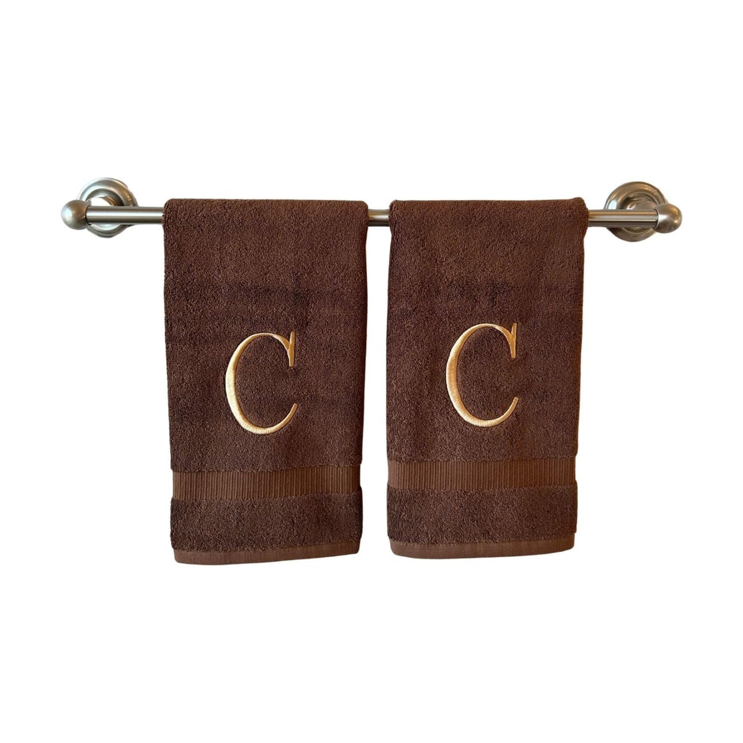 Brown with Beige Monogrammed Hand Towels for Bathroom - Set of 2 Letter C | Luxury Hotel Quality Initial Towels For