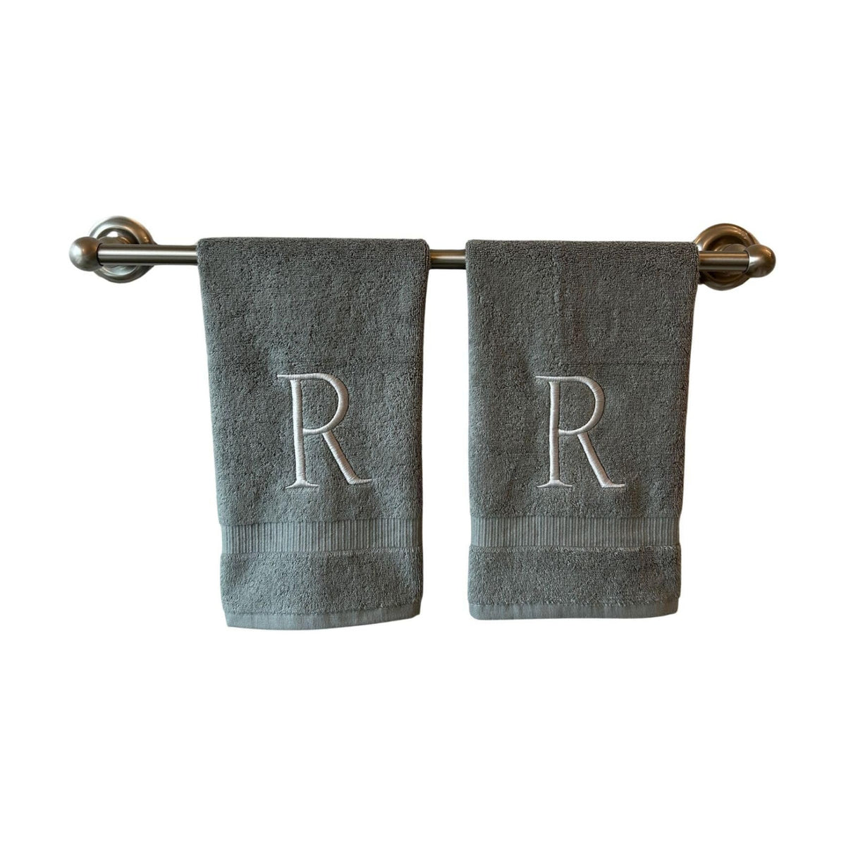 Gray with Silver Monogrammed Hand Towels for Bathroom - Set of 2 Letter R | Luxury Hotel Quality Initial Towels For