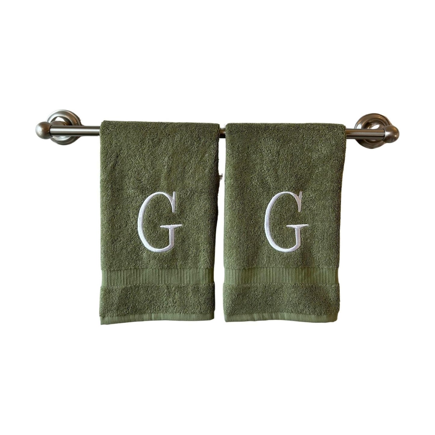 Sage with White Monogrammed Hand Towels for Bathroom - Set of 2 Letter G | Luxury Hotel Quality Initial Towels For