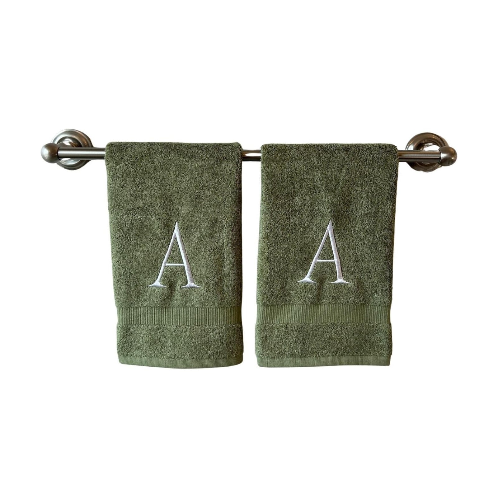 Sage with White Monogrammed Hand Towels for Bathroom - Set of 2 Letter A | Luxury Hotel Quality Initial Towels For