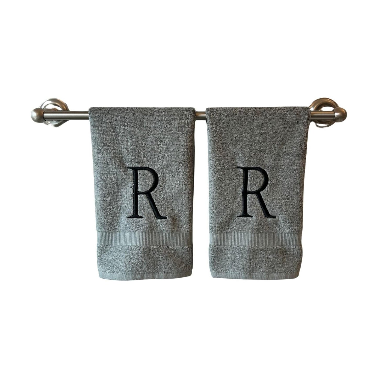 Gray with Black Monogrammed Hand Towels for Bathroom - Set of 2 Letter R | Luxury Hotel Quality Initial Towels For