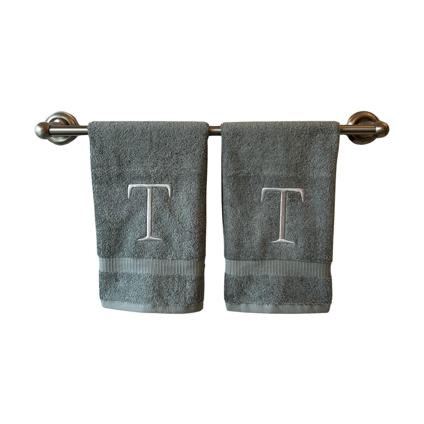 Gray with Silver Monogrammed Hand Towels for Bathroom - Set of 2 Letter T | Luxury Hotel Quality Initial Towels For