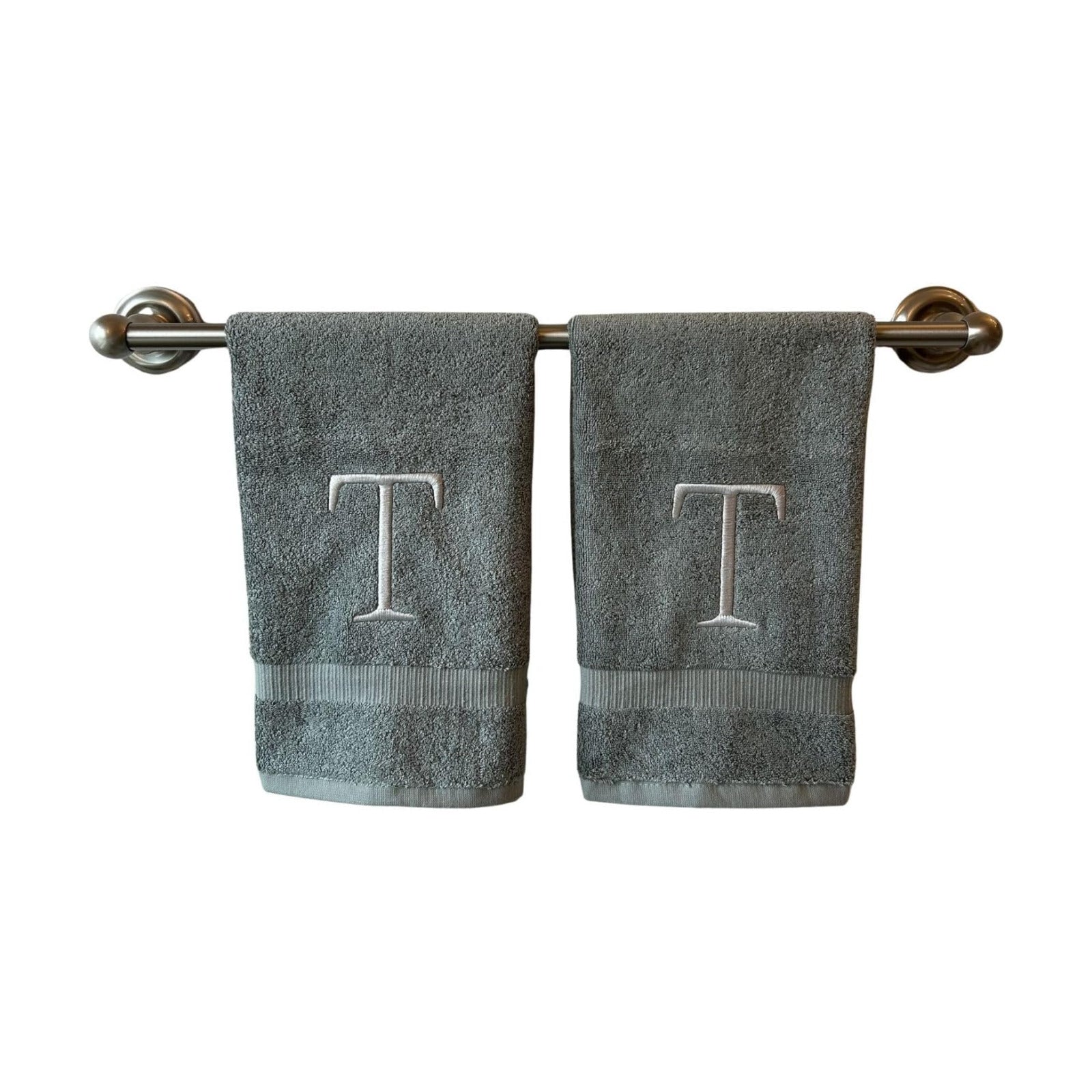 Gray with Silver Monogrammed Hand Towels for Bathroom - Set of 2 Letter T | Luxury Hotel Quality Initial Towels For