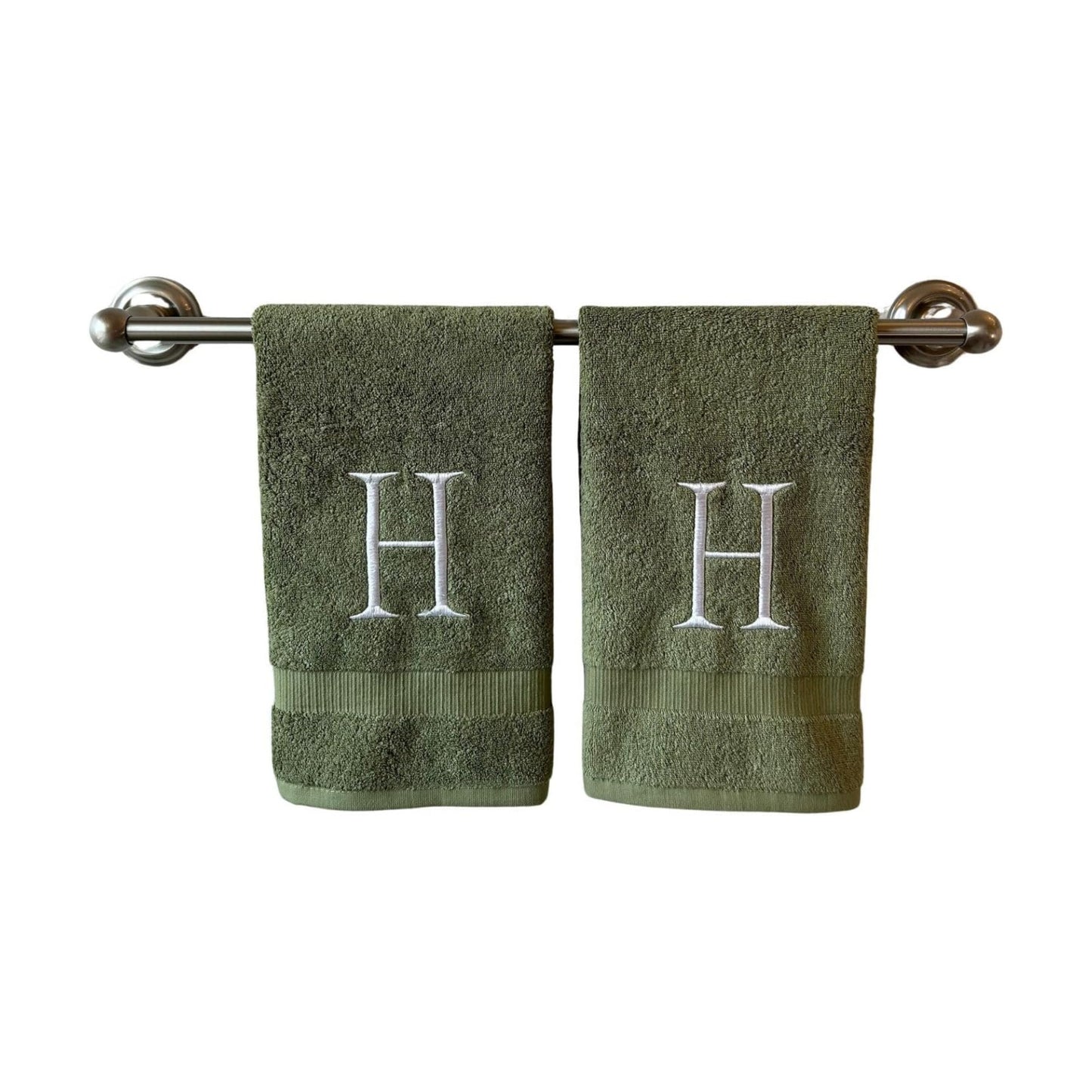 Sage with White Monogrammed Hand Towels for Bathroom - Set of 2 Letter H | Luxury Hotel Quality Initial Towels For
