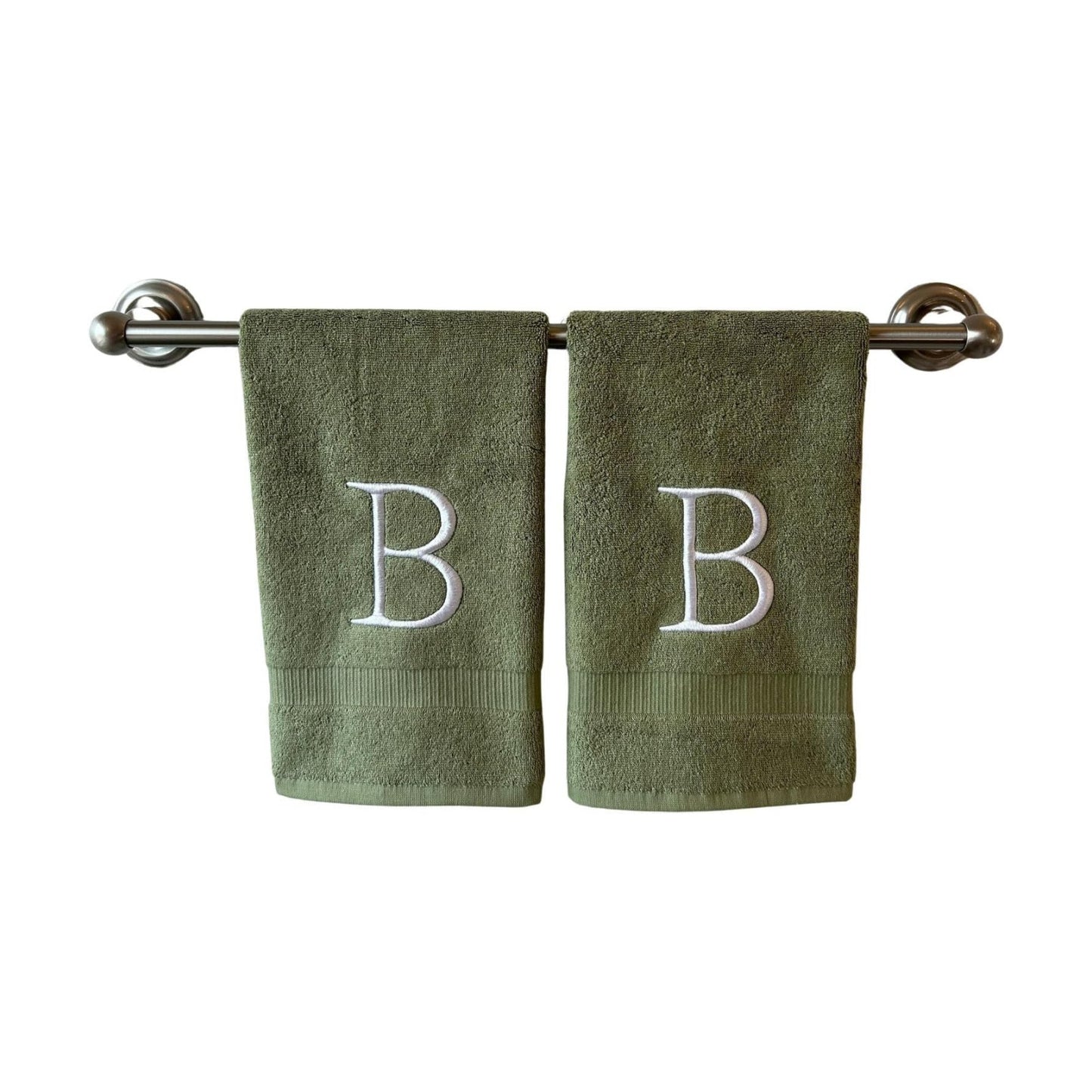 Sage with White Monogrammed Hand Towels for Bathroom - Set of 2 Letter B | Luxury Hotel Quality Initial Towels For
