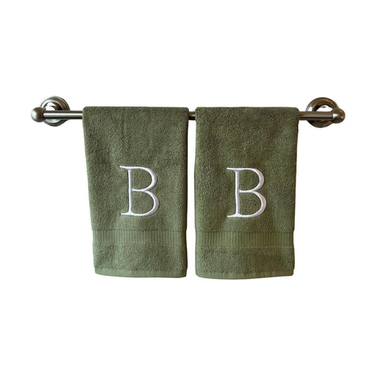 Sage with White Monogrammed Hand Towels for Bathroom - Set of 2 Letter B | Luxury Hotel Quality Initial Towels For