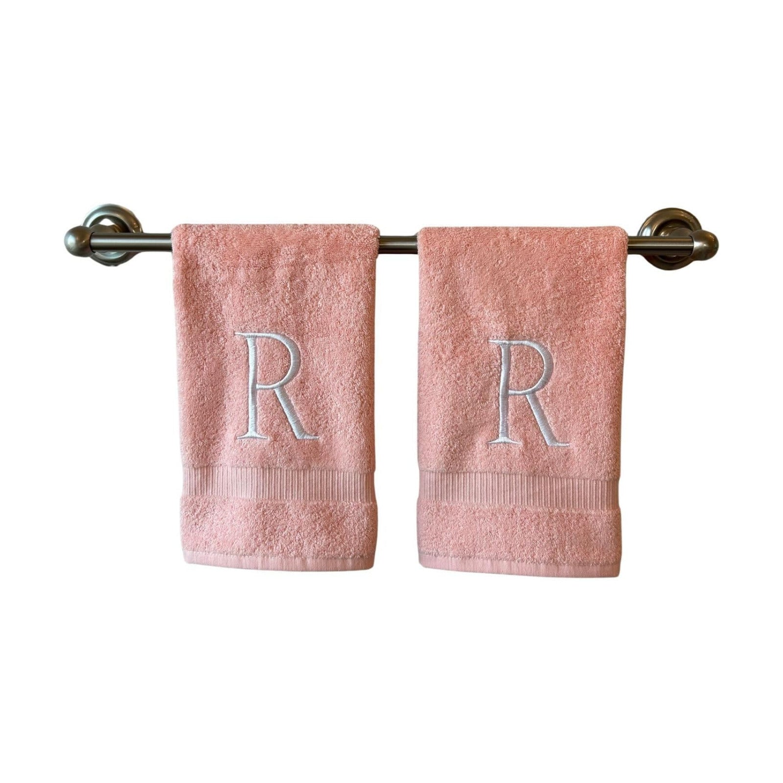 Pink with White Monogrammed Hand Towels for Bathroom - Set of 2 Letter R | Luxury Hotel Quality Initial Towels For