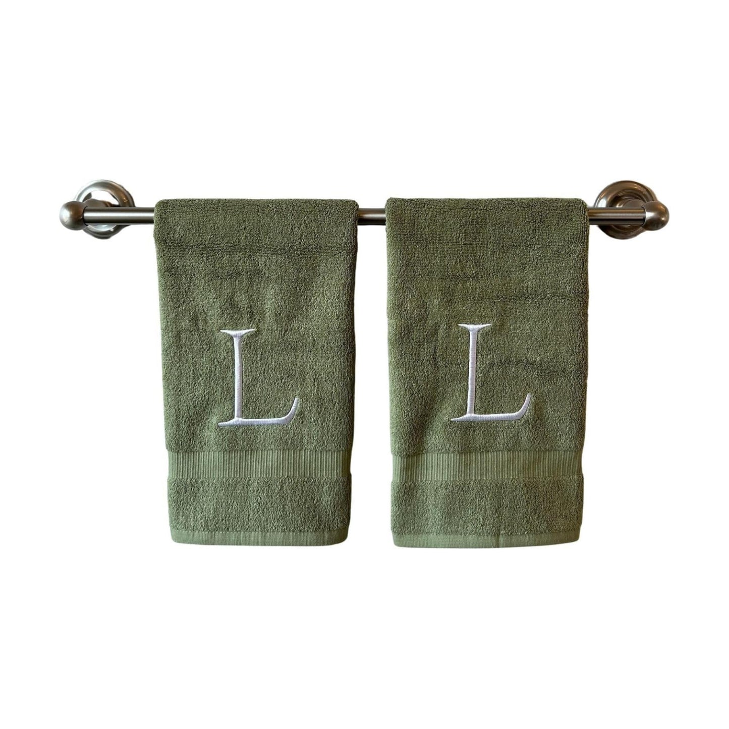 Sage with White Monogrammed Hand Towels for Bathroom - Set of 2 Letter L | Luxury Hotel Quality Initial Towels For