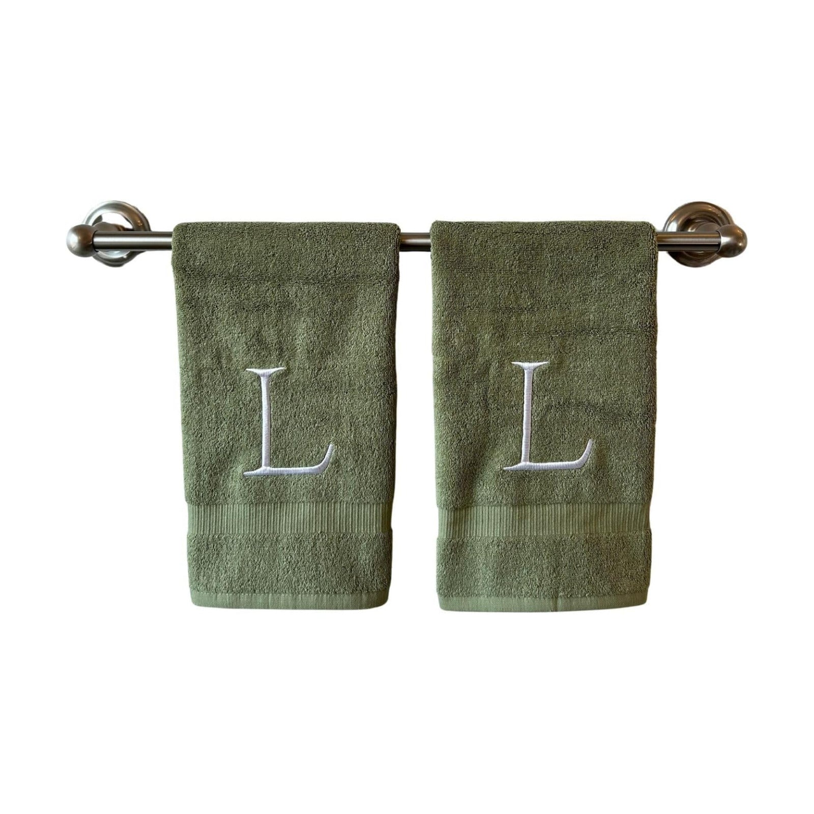 Sage with White Monogrammed Hand Towels for Bathroom - Set of 2 Letter L | Luxury Hotel Quality Initial Towels For