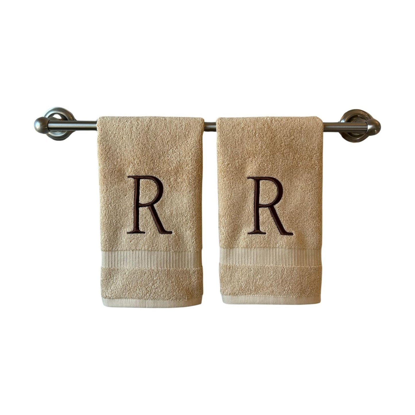 Beige with Brown Monogrammed Hand Towels for Bathroom - Set of 2 Letter R | Luxury Hotel Quality Initial Towels For