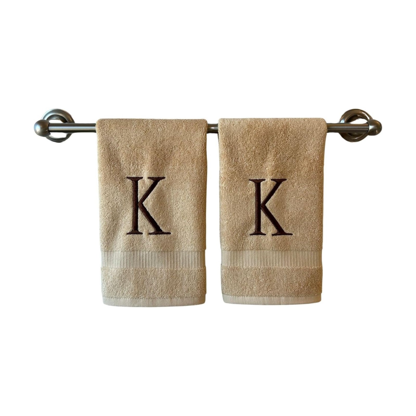 Beige with Brown Monogrammed Hand Towels for Bathroom - Set of 2 Letter K | Luxury Hotel Quality Initial Towels For