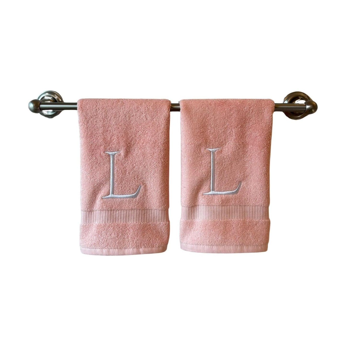 Pink with White Monogrammed Hand Towels for Bathroom - Set of 2 Letter L | Luxury Hotel Quality Initial Towels For