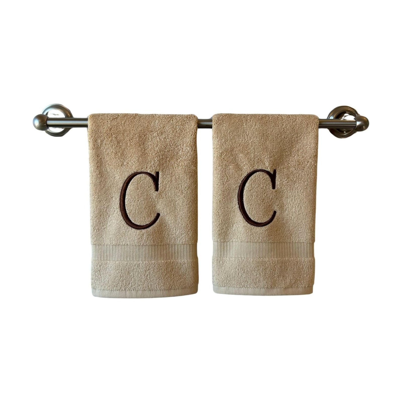 Beige with Brown Monogrammed Hand Towels for Bathroom - Set of 2 Letter C | Luxury Hotel Quality Initial Towels For