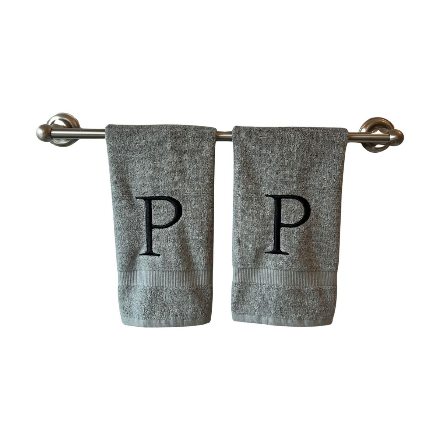 Gray with Black Monogrammed Hand Towels for Bathroom - Set of 2 Letter P | Luxury Hotel Quality Initial Towels For