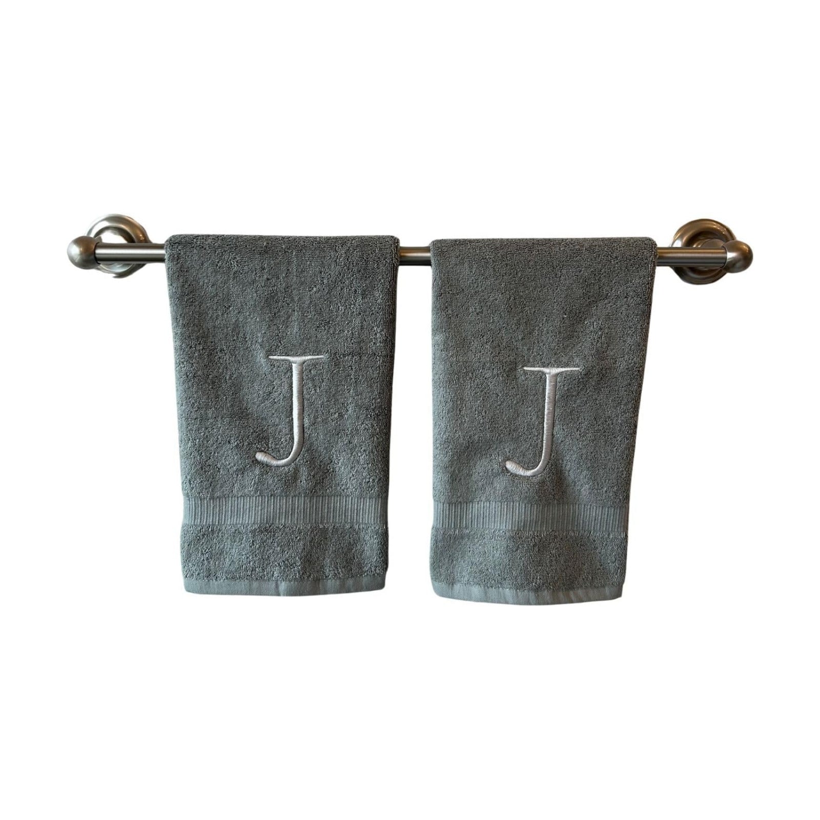 Gray with Silver Monogrammed Hand Towels for Bathroom - Set of 2 Letter J | Luxury Hotel Quality Initial Towels For