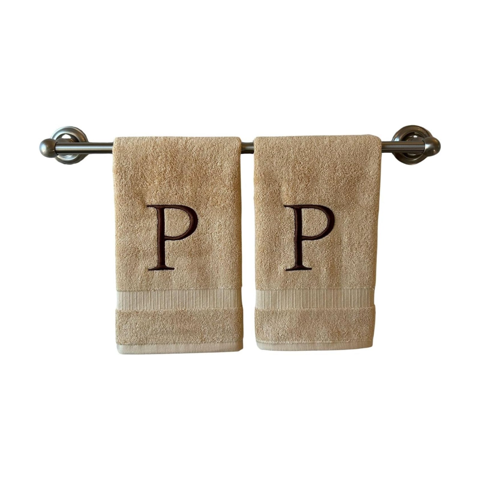Beige with Brown Monogrammed Hand Towels for Bathroom - Set of 2 Letter P | Luxury Hotel Quality Initial Towels For