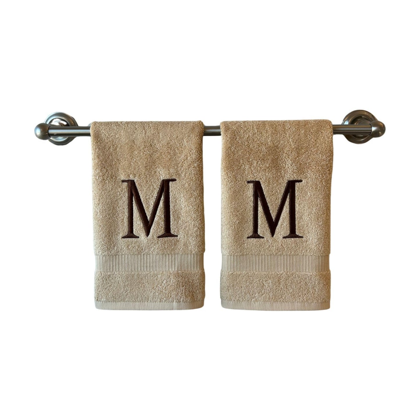 Beige with Brown Monogrammed Hand Towels for Bathroom - Set of 2 Letter M | Luxury Hotel Quality Initial Towels For