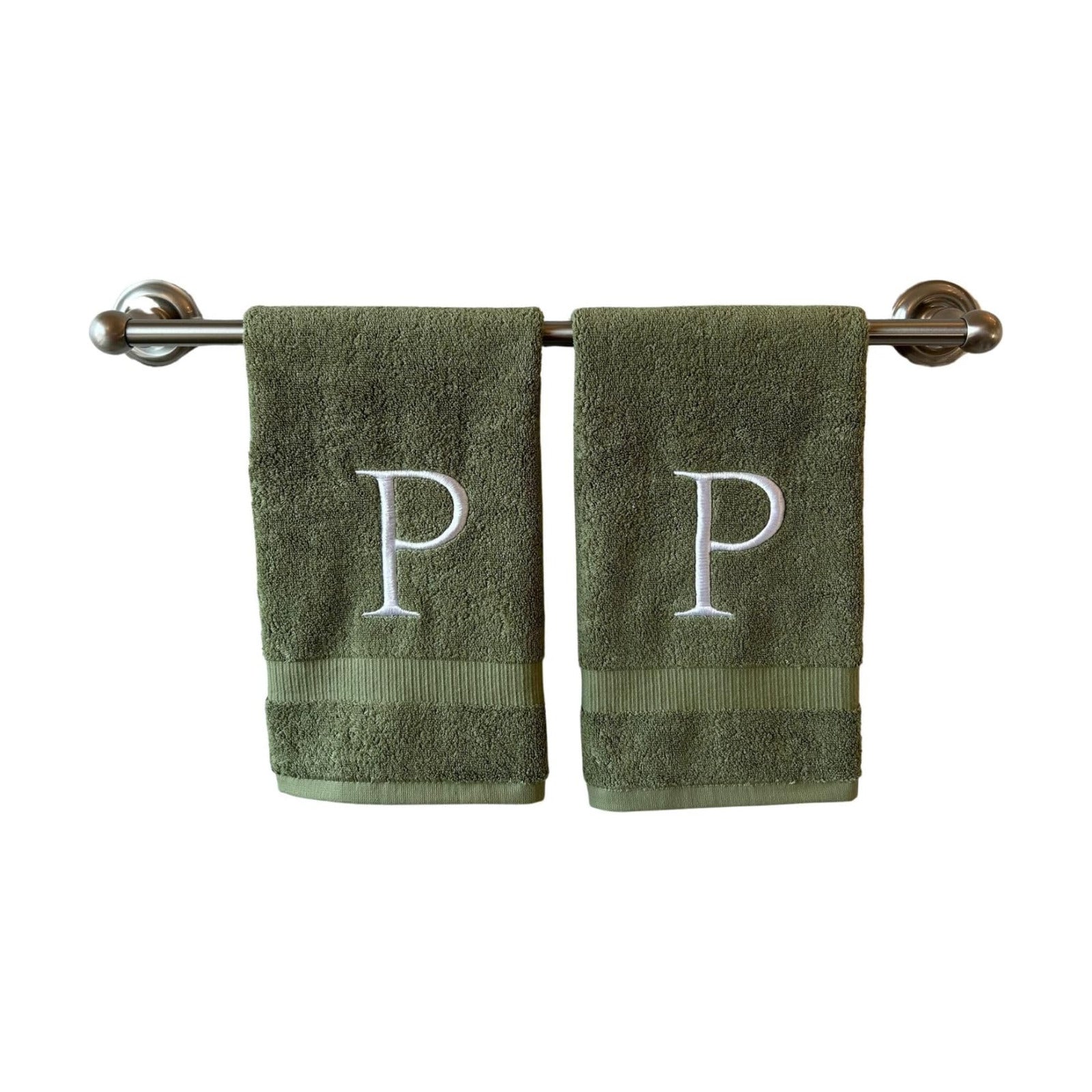 Sage with White Monogrammed Hand Towels for Bathroom - Set of 2 Letter P | Luxury Hotel Quality Initial Towels For