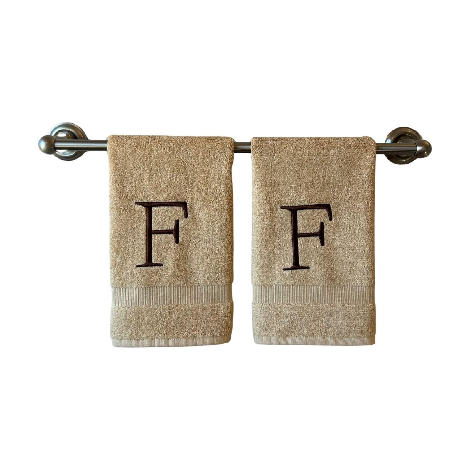 Beige with Brown Monogrammed Hand Towels for Bathroom - Set of 2 Letter F | Luxury Hotel Quality Initial Towels For