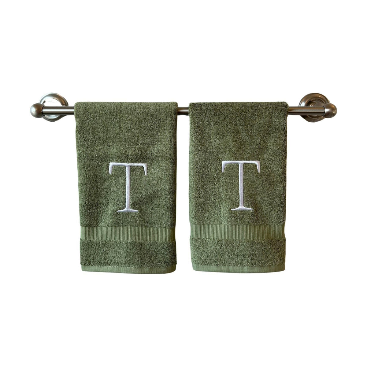 Sage with White Monogrammed Hand Towels for Bathroom - Set of 2 Letter T | Luxury Hotel Quality Initial Towels For