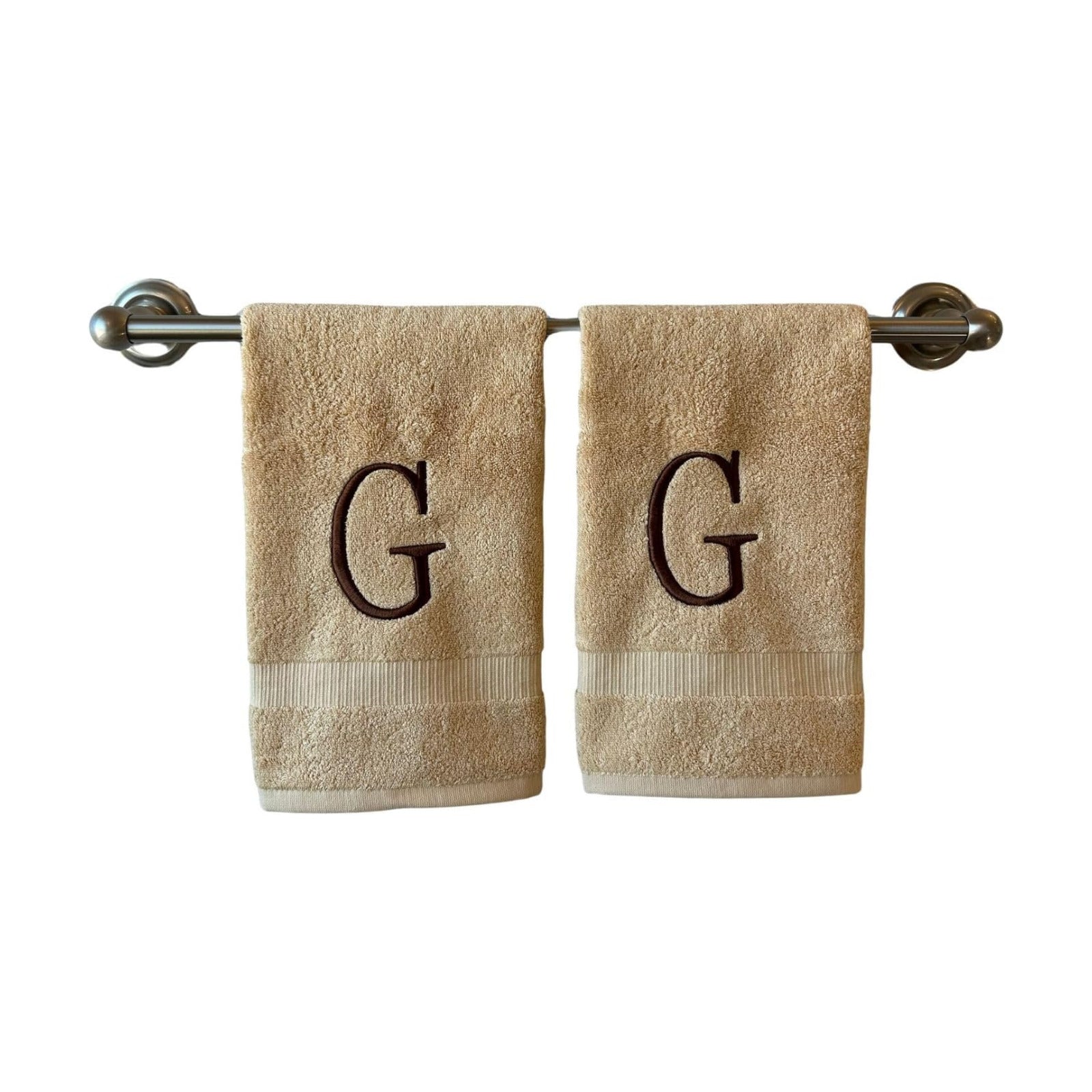 Beige with Brown Monogrammed Hand Towels for Bathroom - Set of 2 Letter G | Luxury Hotel Quality Initial Towels For