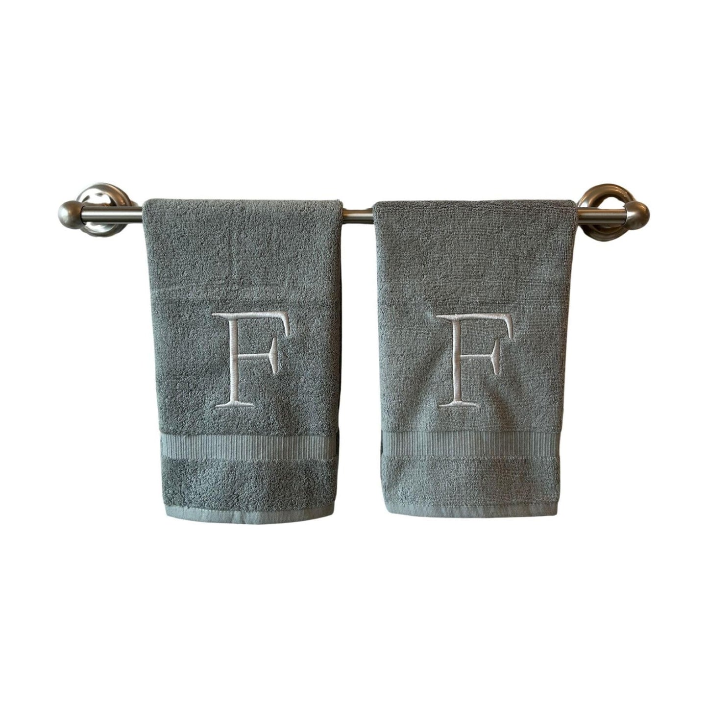 Gray with Silver Monogrammed Hand Towels for Bathroom - Set of 2 Letter F | Luxury Hotel Quality Initial Towels For