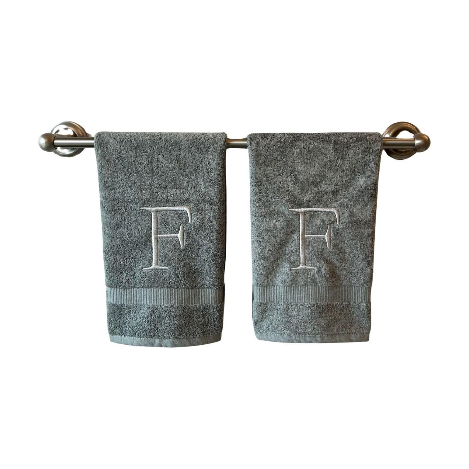 Gray with Silver Monogrammed Hand Towels for Bathroom - Set of 2 Letter F | Luxury Hotel Quality Initial Towels For