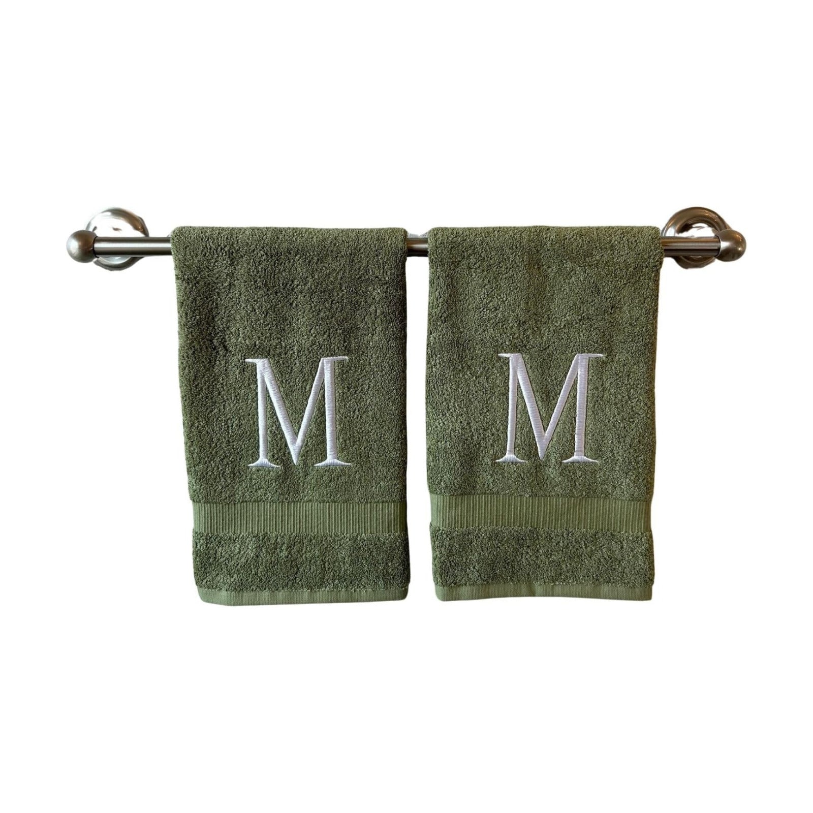 Sage with White Monogrammed Hand Towels for Bathroom - Set of 2 Letter M | Luxury Hotel Quality Initial Towels For