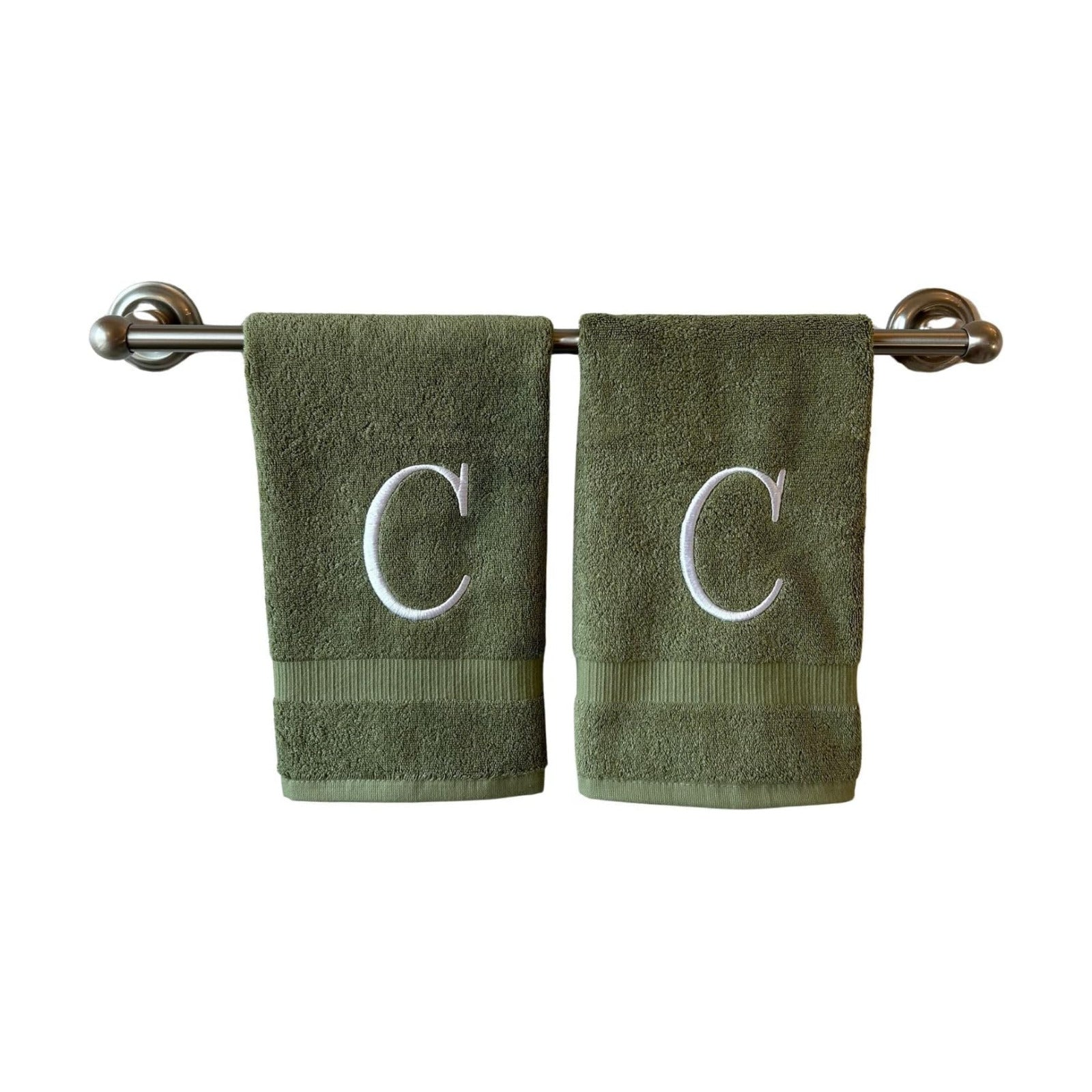 Sage with White Monogrammed Hand Towels for Bathroom - Set of 2 Letter C | Luxury Hotel Quality Initial Towels For