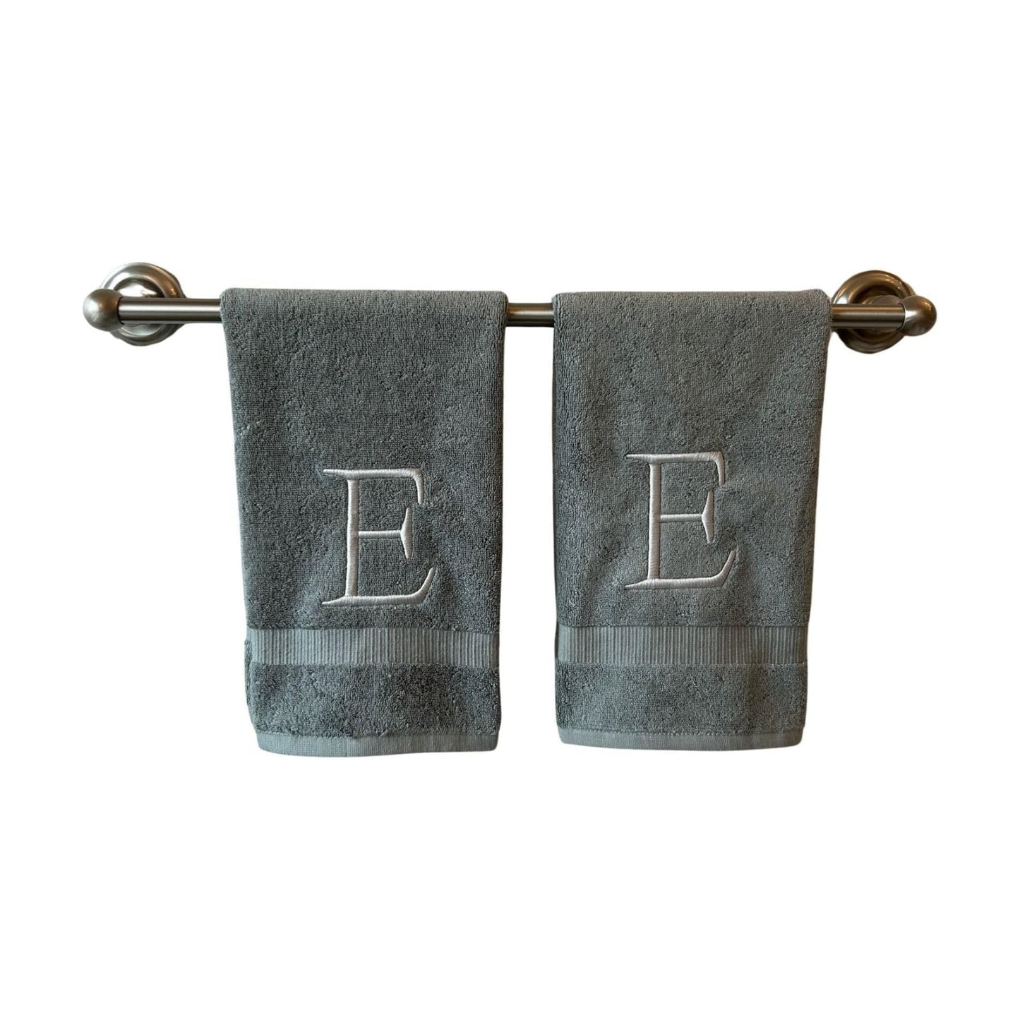 Gray with Silver Monogrammed Hand Towels for Bathroom - Set of 2 Letter E | Luxury Hotel Quality Initial Towels For