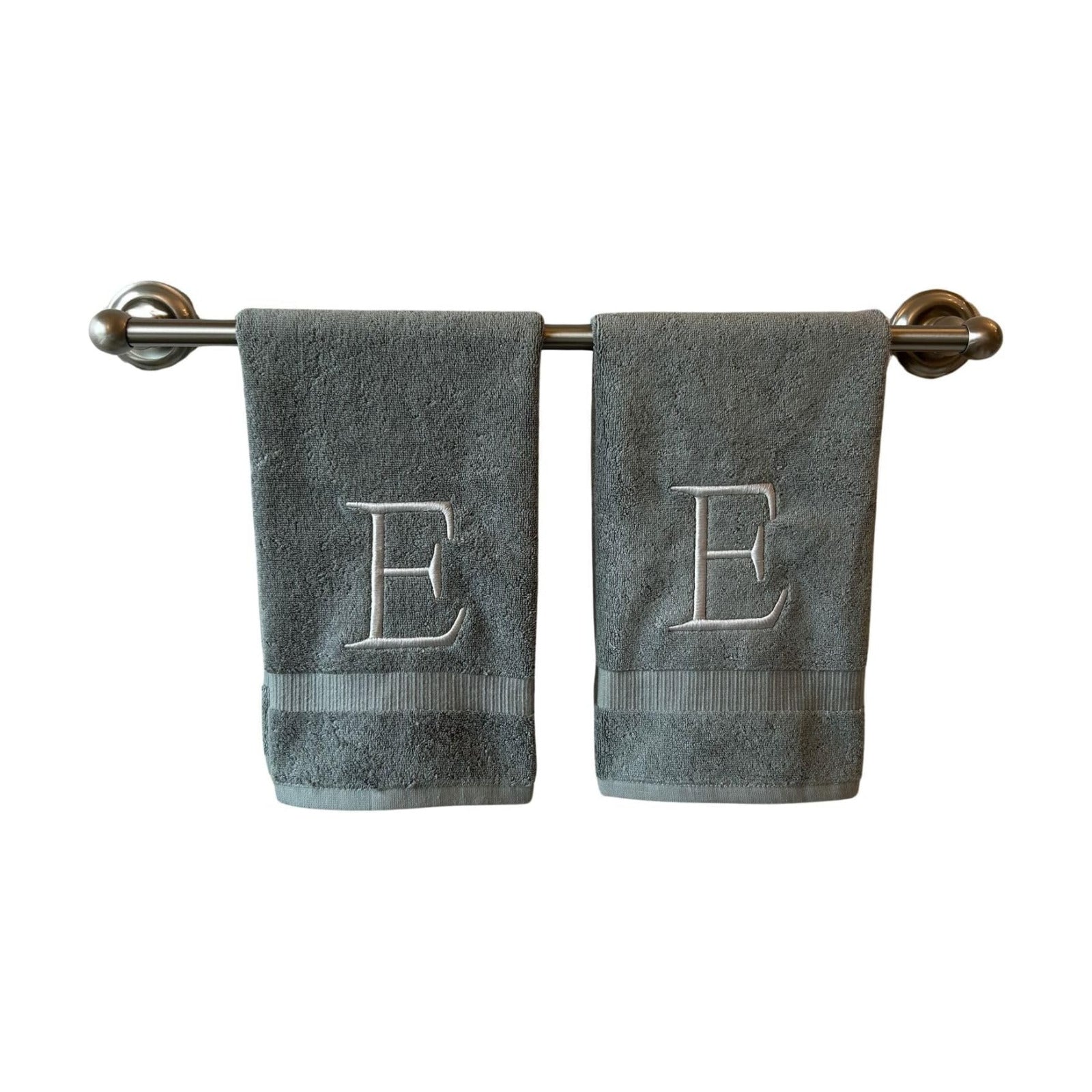 Gray with Silver Monogrammed Hand Towels for Bathroom - Set of 2 Letter E | Luxury Hotel Quality Initial Towels For