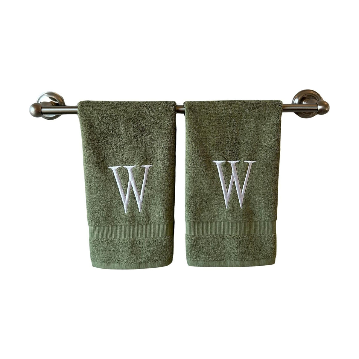 Sage with White Monogrammed Hand Towels for Bathroom - Set of 2 Letter W | Luxury Hotel Quality Initial Towels For