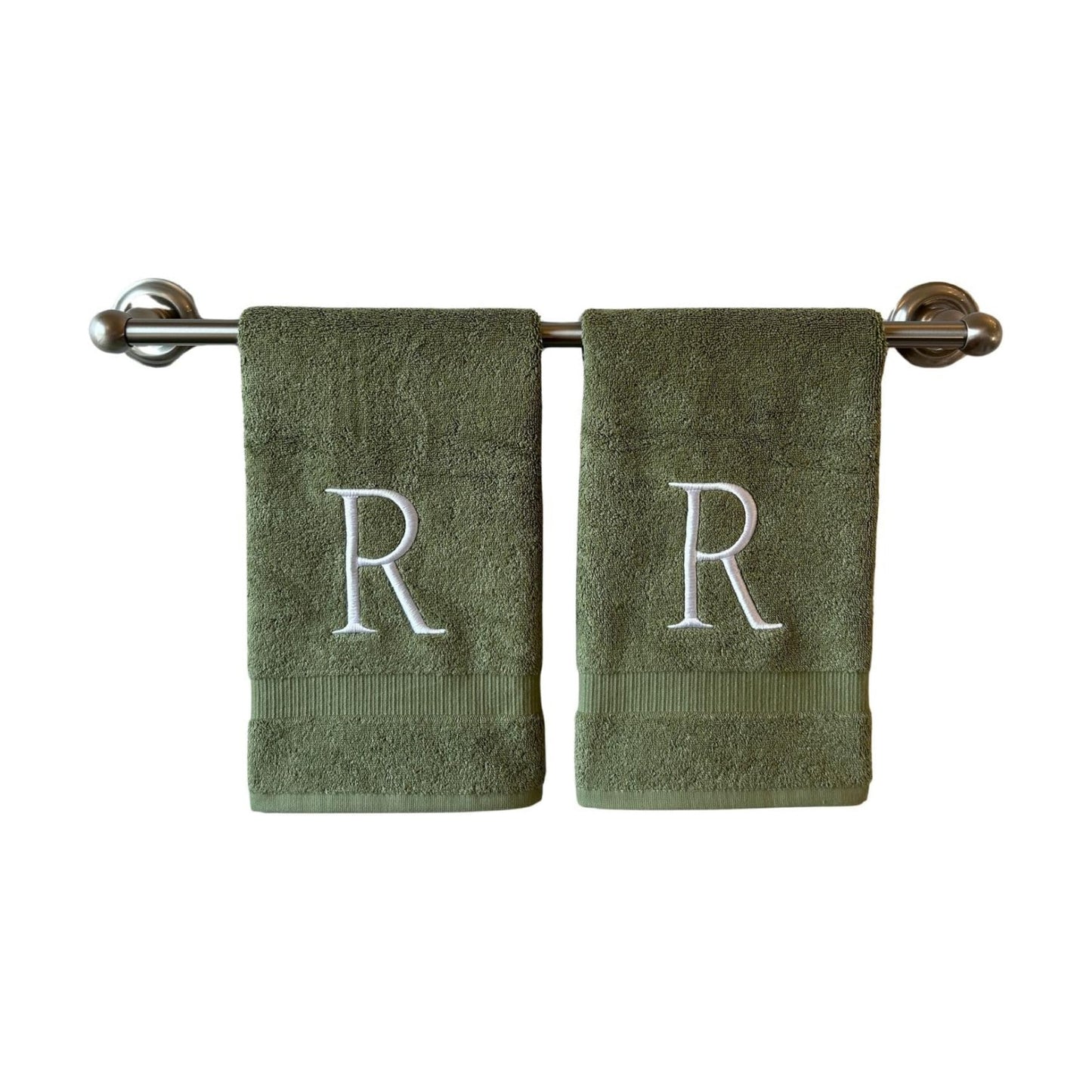 Sage with White Monogrammed Hand Towels for Bathroom - Set of 2 Letter R | Luxury Hotel Quality Initial Towels For