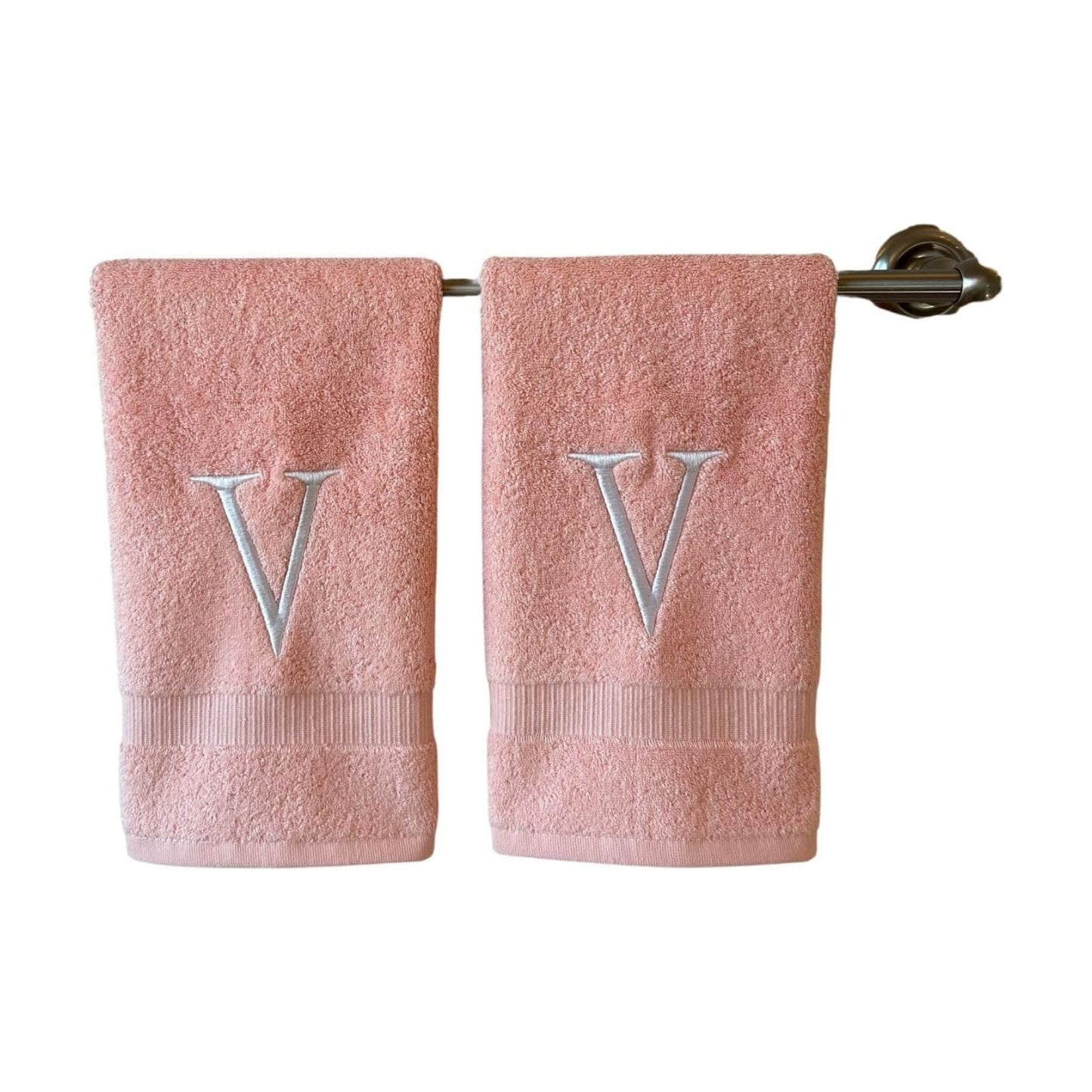 Pink with White Monogrammed Hand Towels for Bathroom - Set of 2 Letter V | Luxury Hotel Quality Initial Towels For