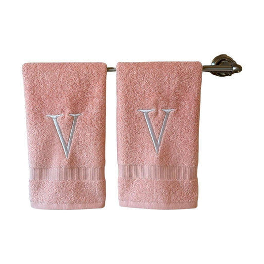 Pink with White Monogrammed Hand Towels for Bathroom - Set of 2 Letter V | Luxury Hotel Quality Initial Towels For