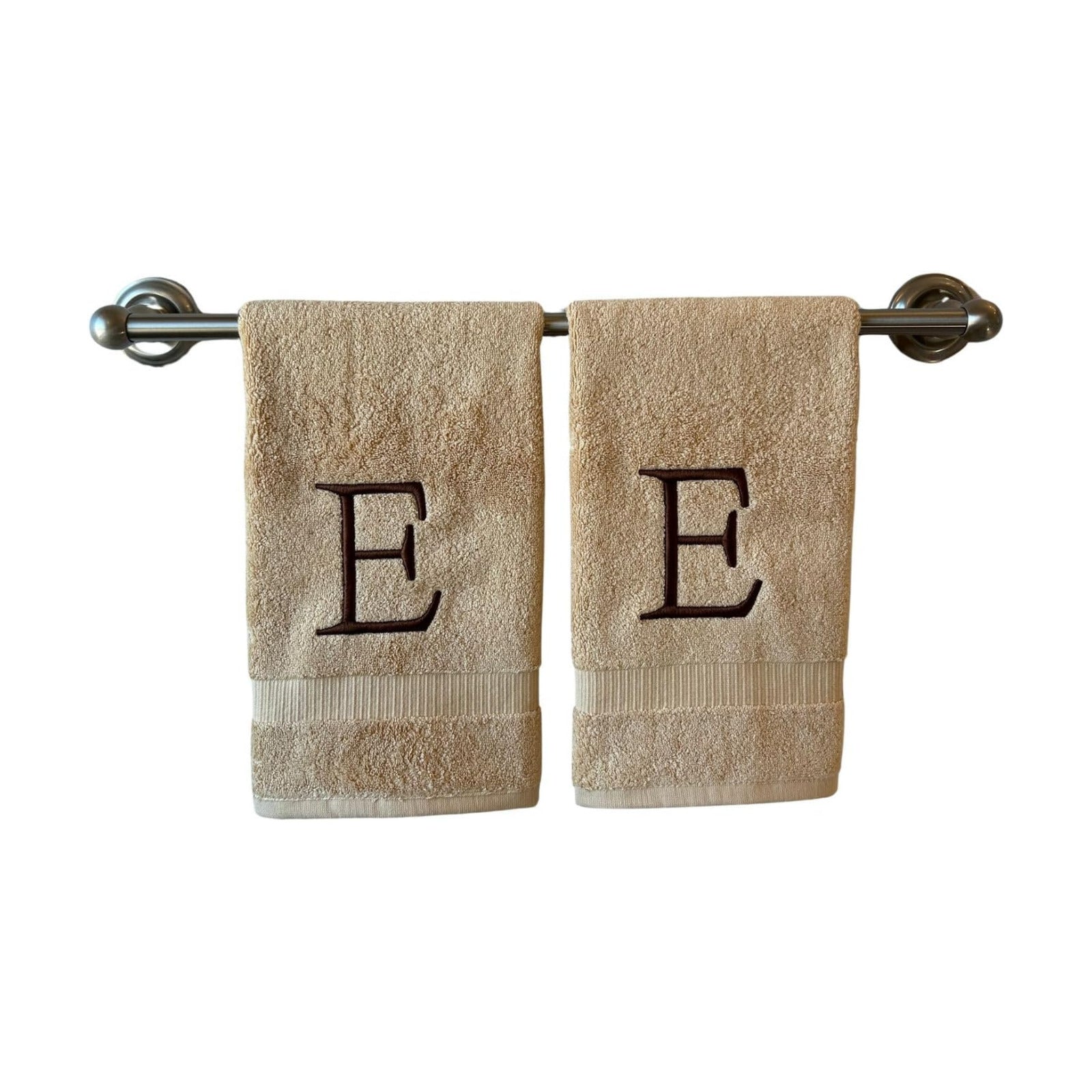 Beige with Brown Monogrammed Hand Towels for Bathroom - Set of 2 Letter E | Luxury Hotel Quality Initial Towels For