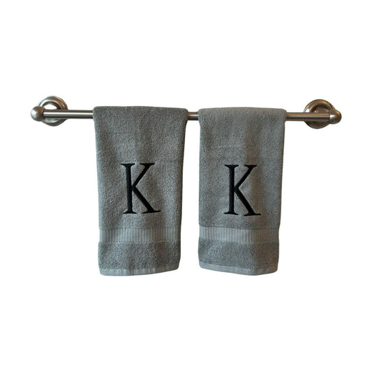 Gray with Black Monogrammed Hand Towels for Bathroom - Set of 2 Letter K | Luxury Hotel Quality Initial Towels For