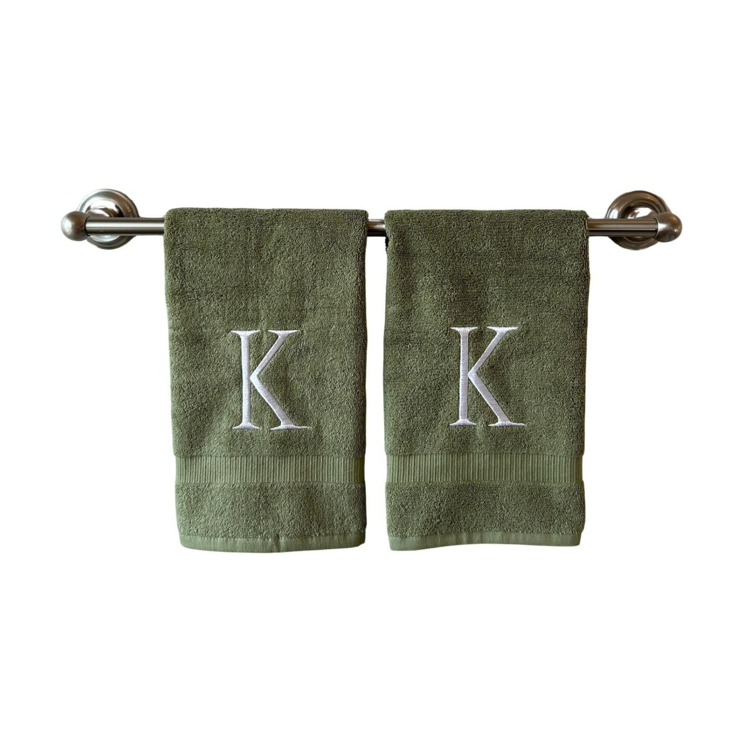 Sage with White Monogrammed Hand Towels for Bathroom - Set of 2 Letter K | Luxury Hotel Quality Initial Towels For