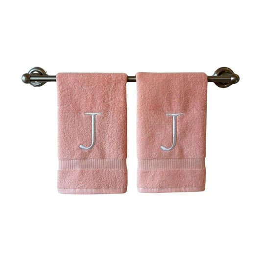 Pink with White Monogrammed Hand Towels for Bathroom - Set of 2 Letter J | Luxury Hotel Quality Initial Towels For