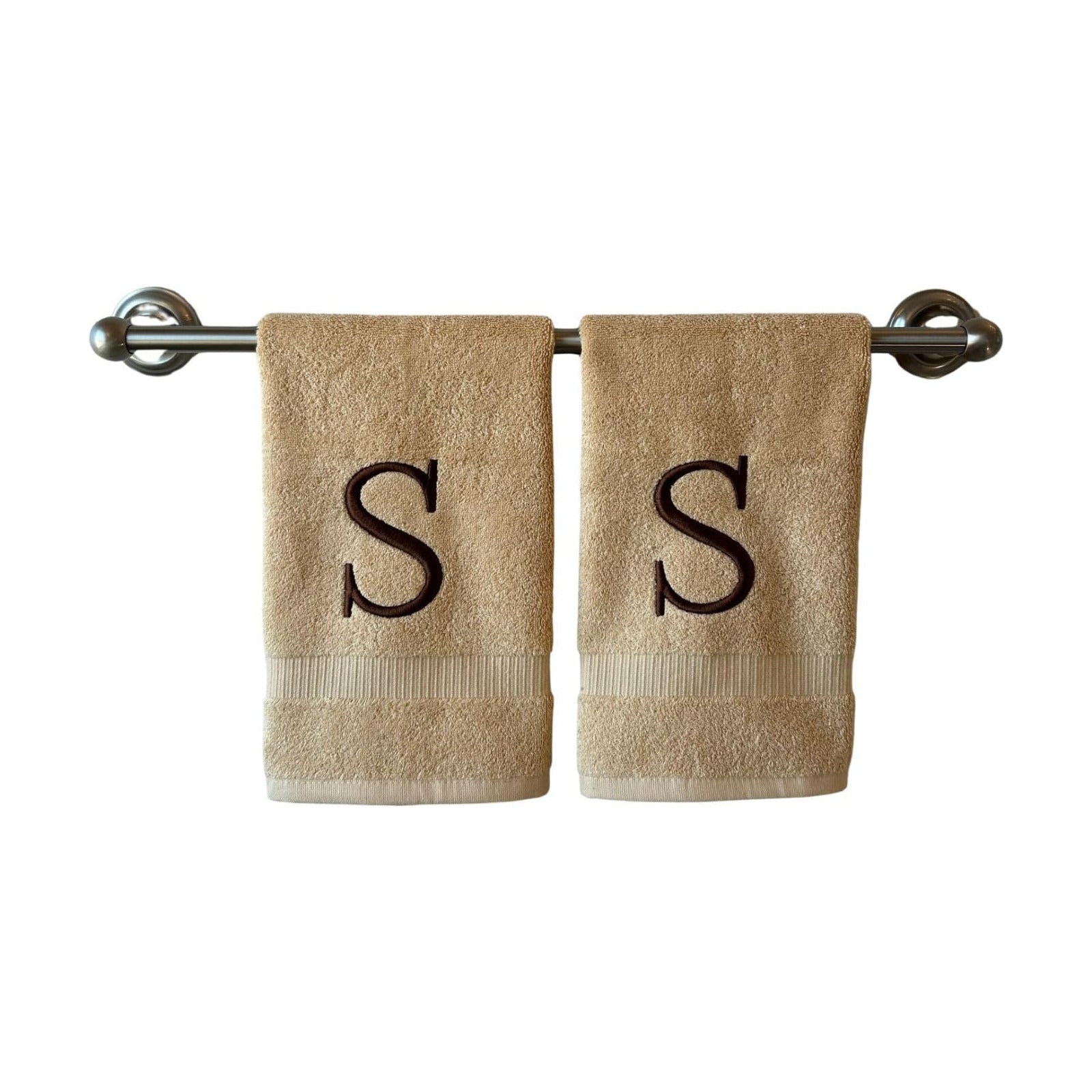 Beige with Brown Monogrammed Hand Towels for Bathroom - Set of 2 Letter S | Luxury Hotel Quality Initial Towels For