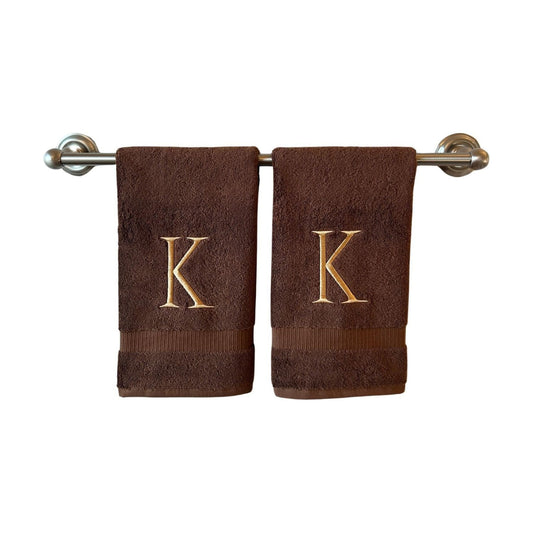 Brown with Beige Monogrammed Hand Towels for Bathroom - Set of 2 Letter K | Luxury Hotel Quality Initial Towels For