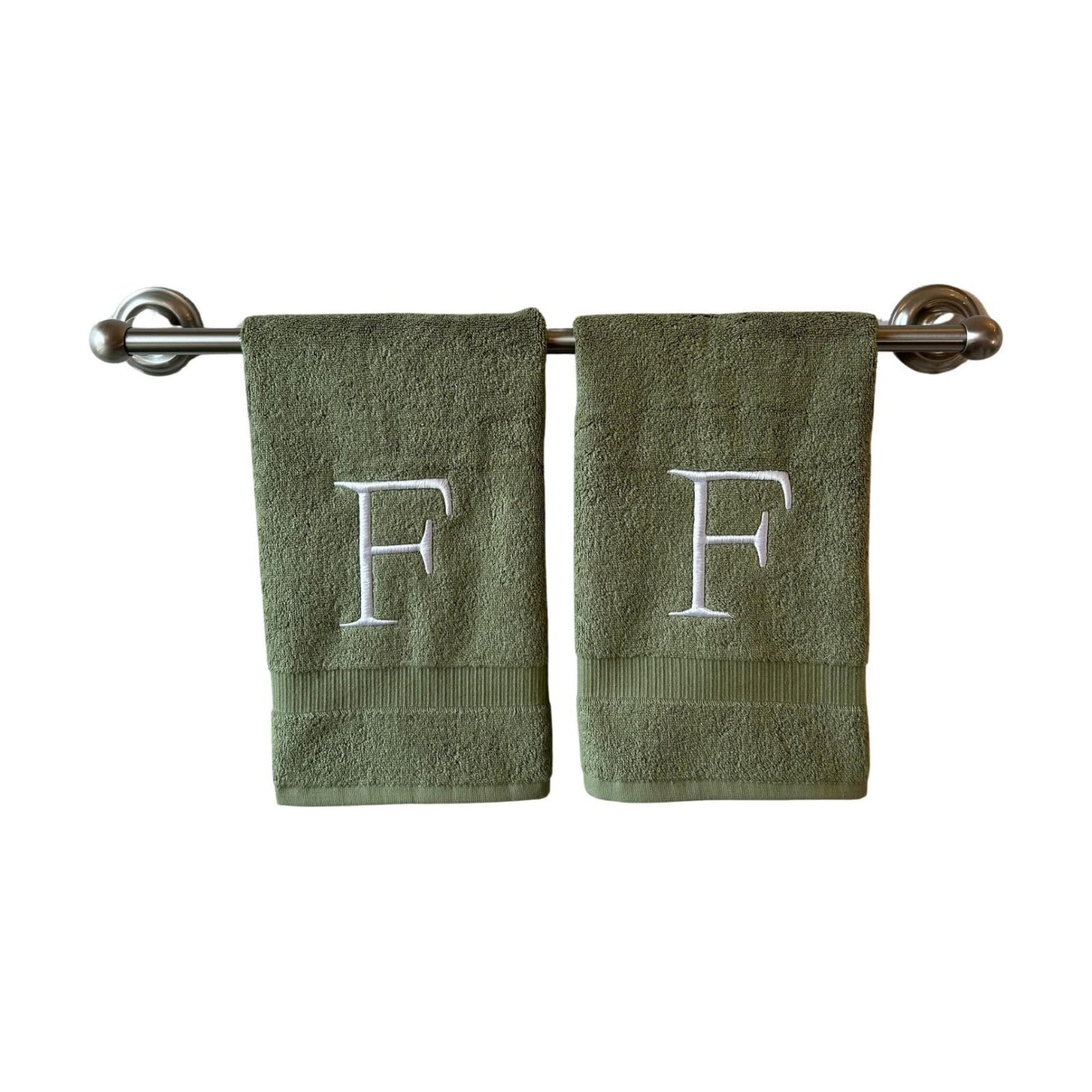 Sage with White Monogrammed Hand Towels for Bathroom - Set of 2 Letter F | Luxury Hotel Quality Initial Towels For